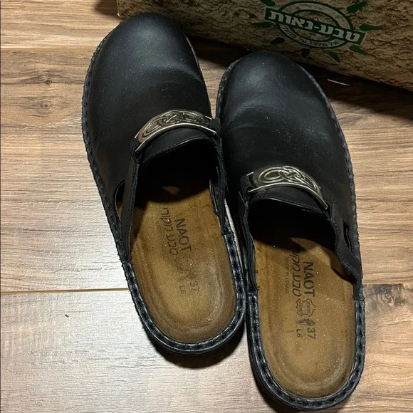 Naot Black Leather Clogs with Silver Buckle - Picture 3 of 4